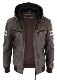 Chaqueta bomber de cuero auténtico para hombre con capucha - Marrón