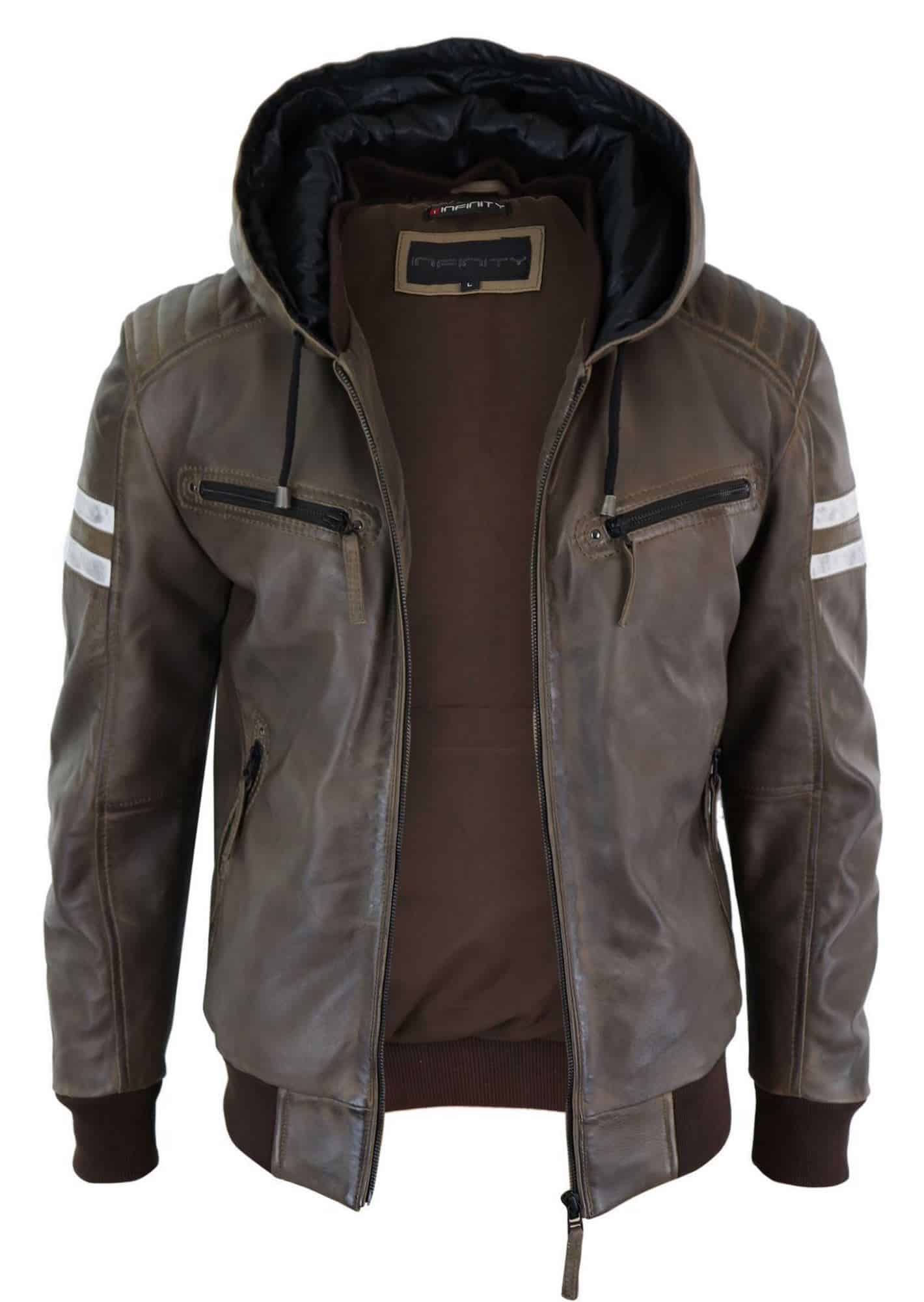 Chaqueta bomber de cuero auténtico para hombre con capucha - Marrón