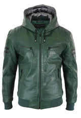Chaqueta bomber de cuero auténtico para hombre con capucha - Verde