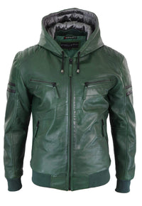 Chaqueta bomber de cuero auténtico para hombre con capucha - Verde