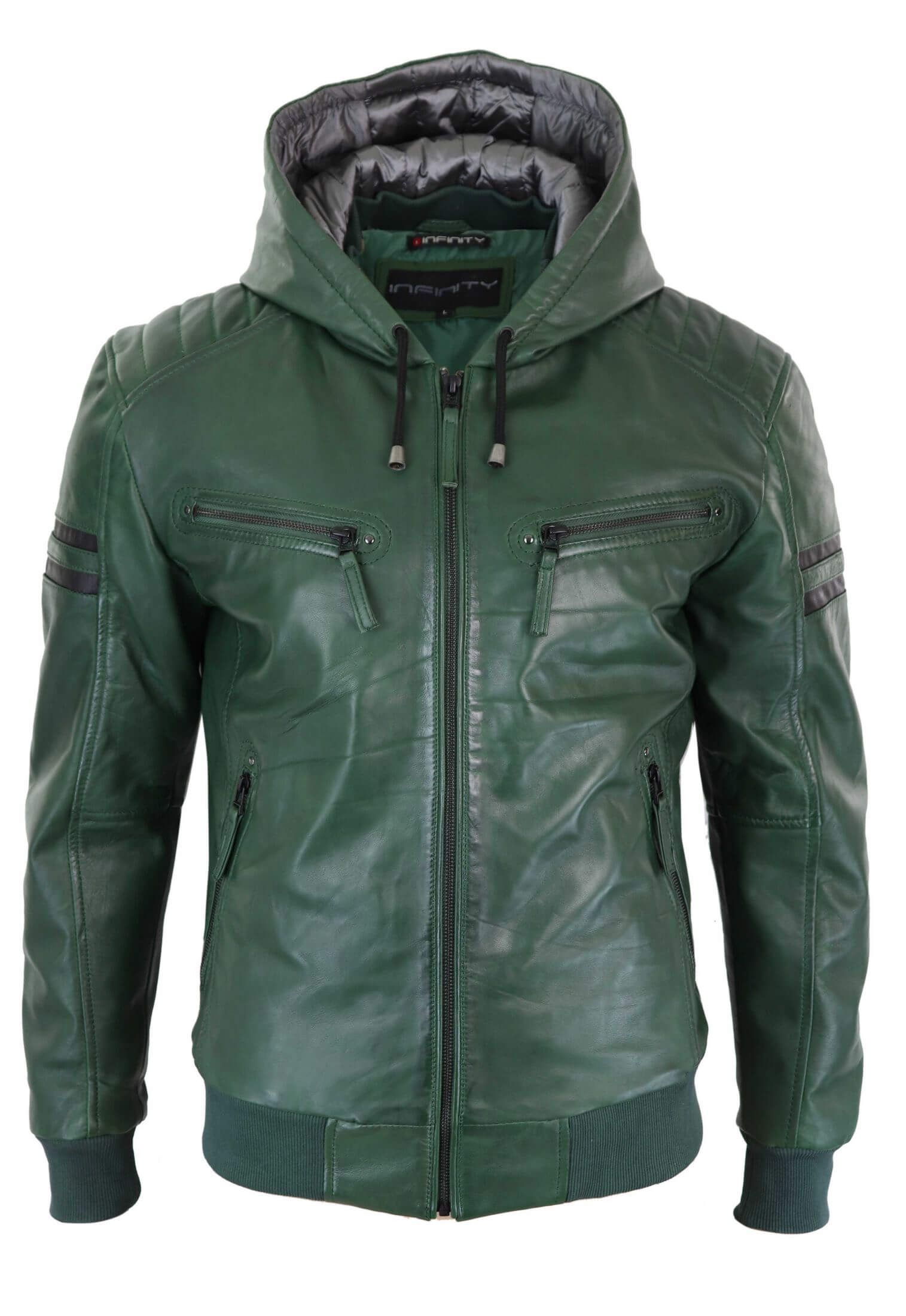Chaqueta bomber de cuero auténtico para hombre con capucha - Verde