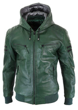 Chaqueta bomber de cuero auténtico para hombre con capucha - Verde