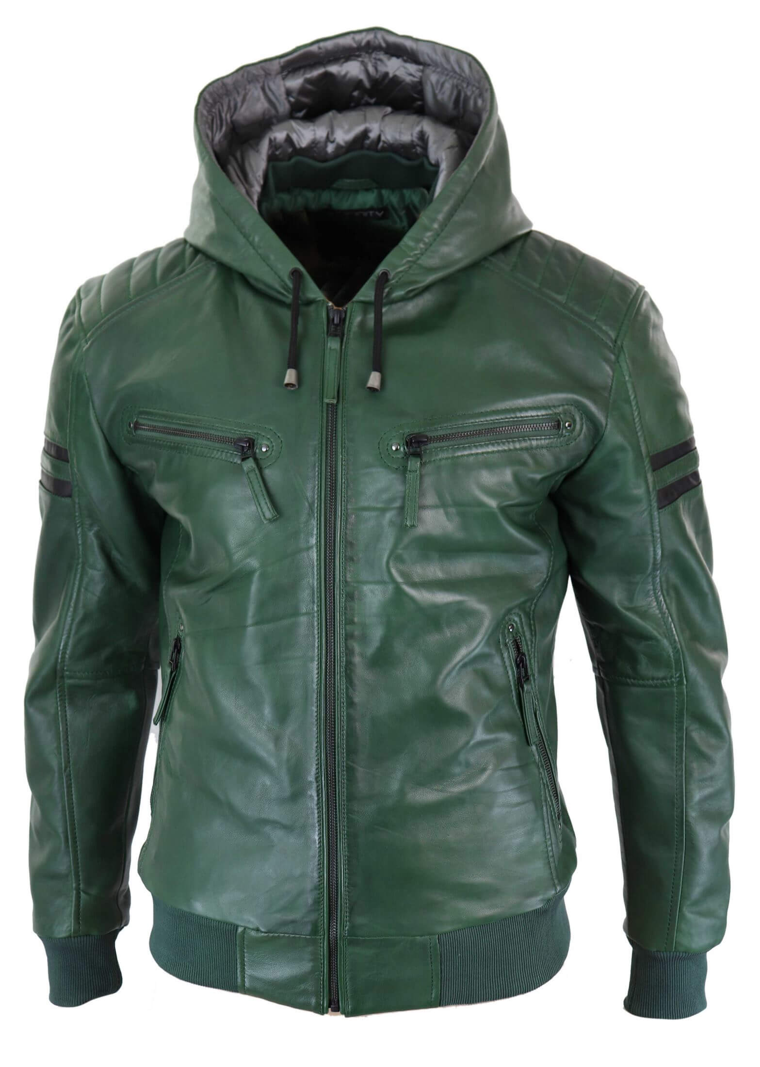 Chaqueta bomber de cuero auténtico para hombre con capucha - Verde