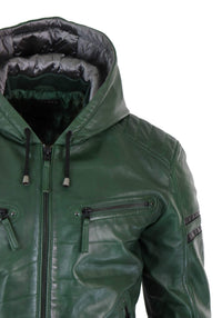 Chaqueta bomber de cuero auténtico para hombre con capucha - Verde