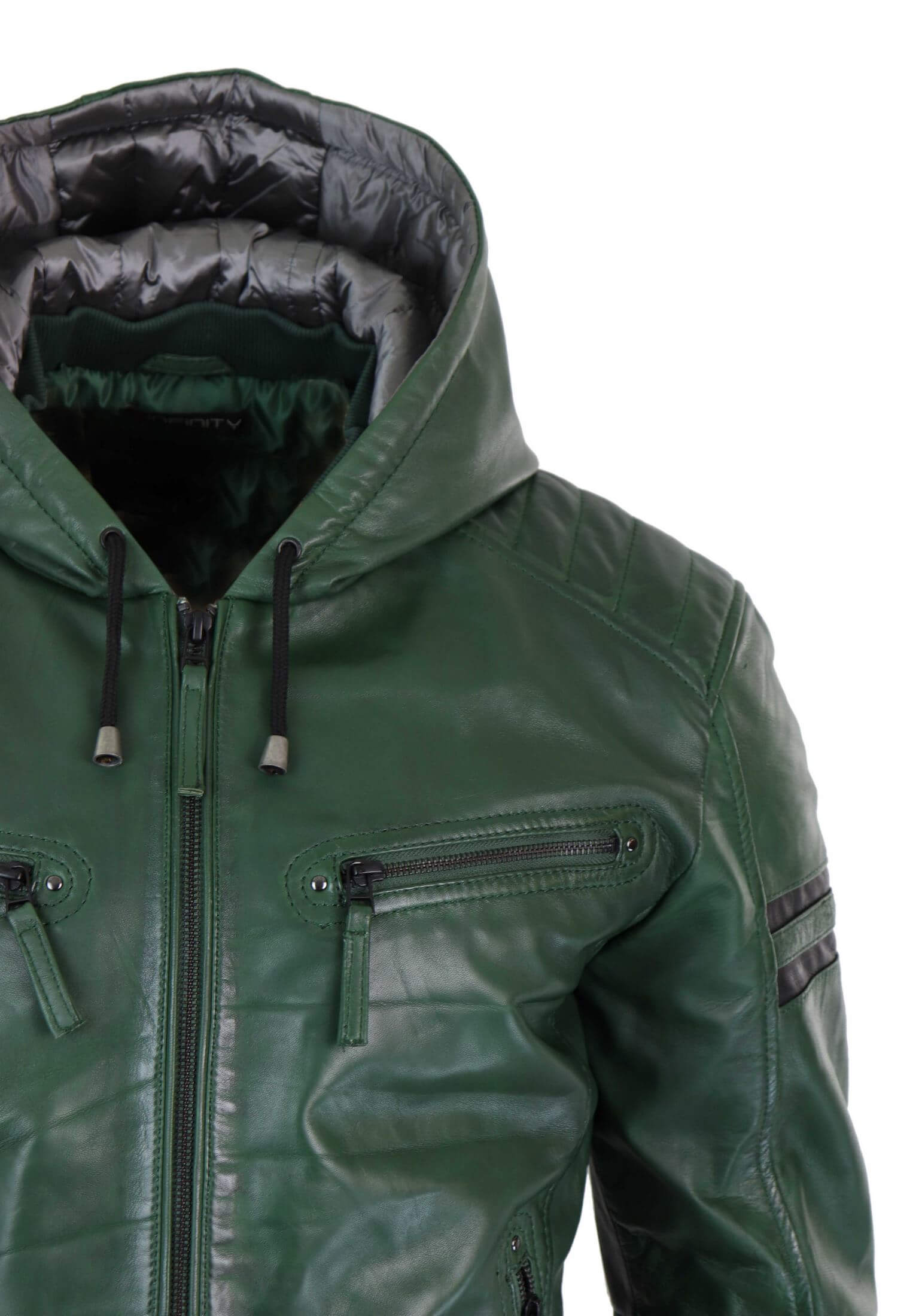 Chaqueta bomber de cuero auténtico para hombre con capucha - Verde