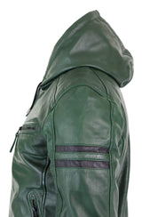Chaqueta bomber de cuero auténtico para hombre con capucha - Verde