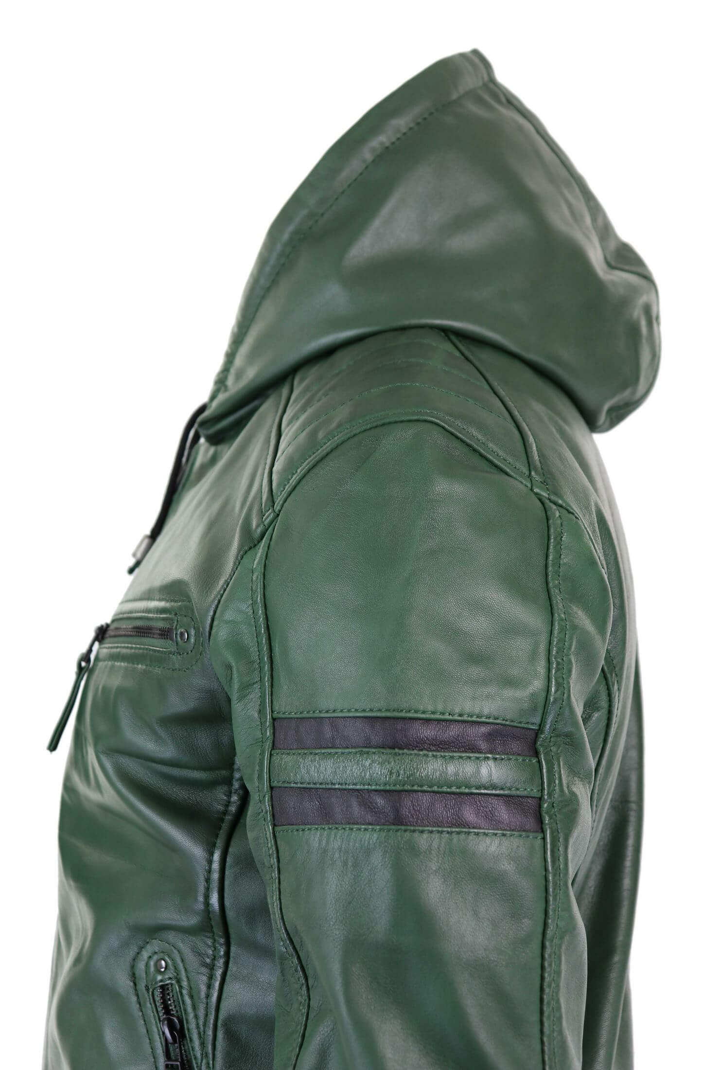 Chaqueta bomber de cuero auténtico para hombre con capucha - Verde