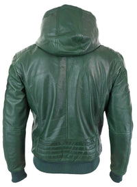 Chaqueta bomber de cuero auténtico para hombre con capucha - Verde