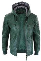 Chaqueta bomber de cuero auténtico para hombre con capucha - Verde