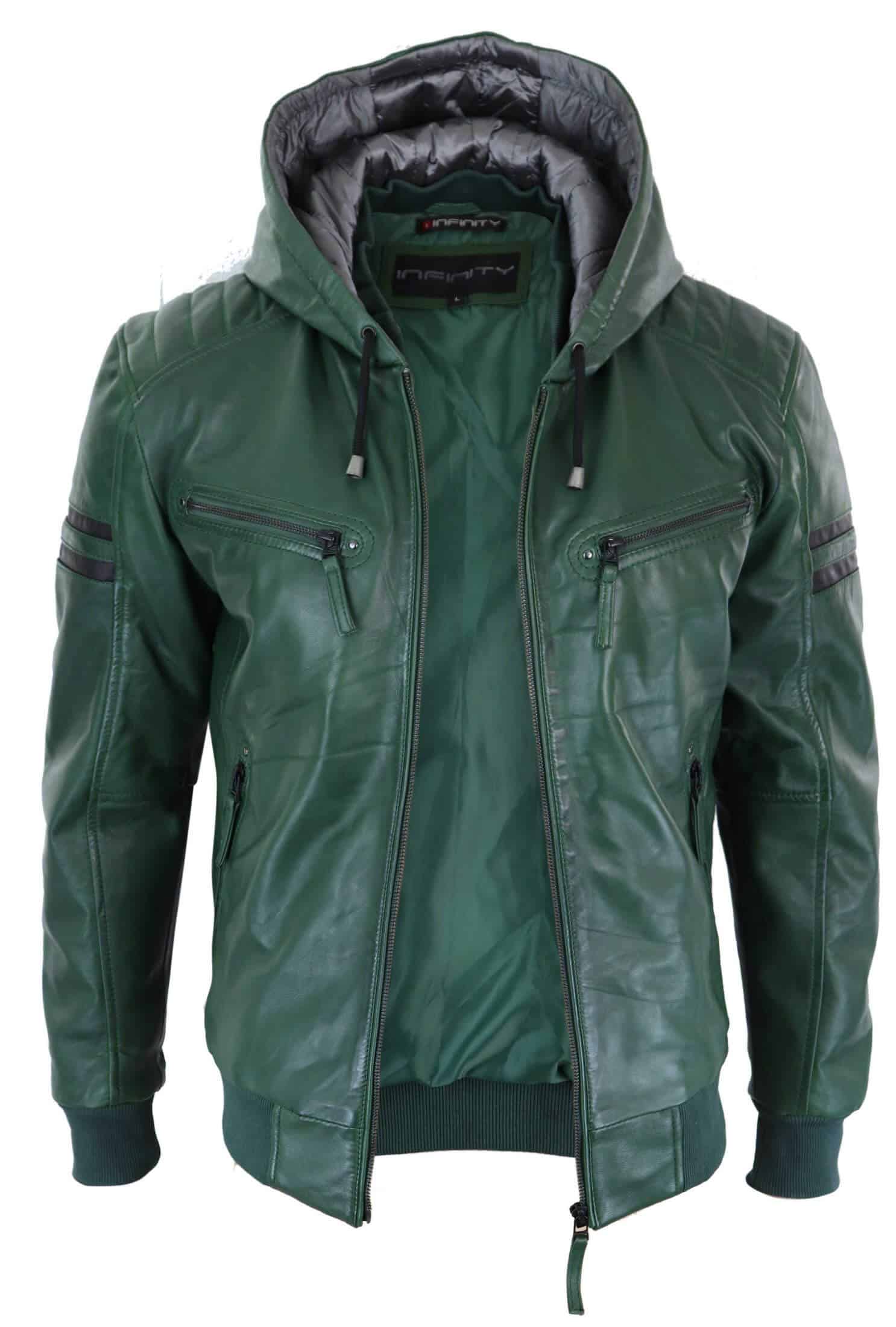 Chaqueta bomber de cuero auténtico para hombre con capucha - Verde