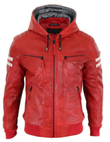 Chaqueta bomber de cuero auténtico para hombre con capucha - Roja