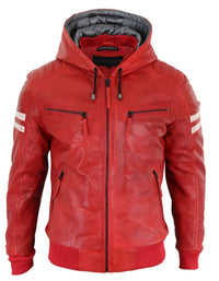 Chaqueta bomber de cuero auténtico para hombre con capucha - Roja
