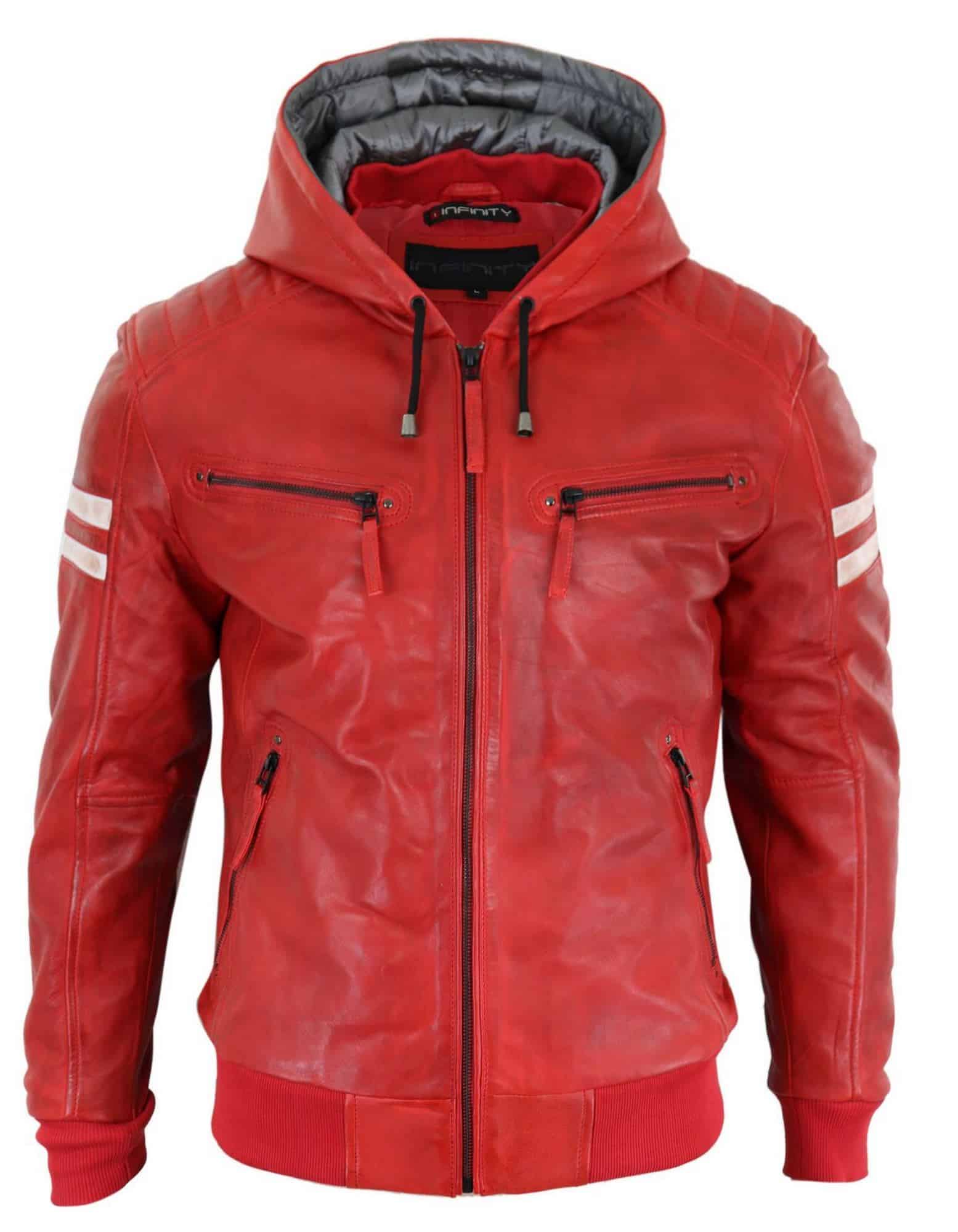 Chaqueta bomber de cuero auténtico para hombre con capucha - Roja