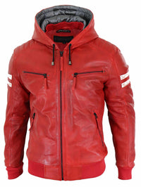 Chaqueta bomber de cuero auténtico para hombre con capucha - Roja