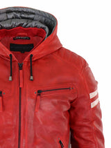Chaqueta bomber de cuero auténtico para hombre con capucha - Roja