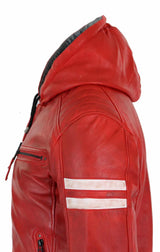 Chaqueta bomber de cuero auténtico para hombre con capucha - Roja
