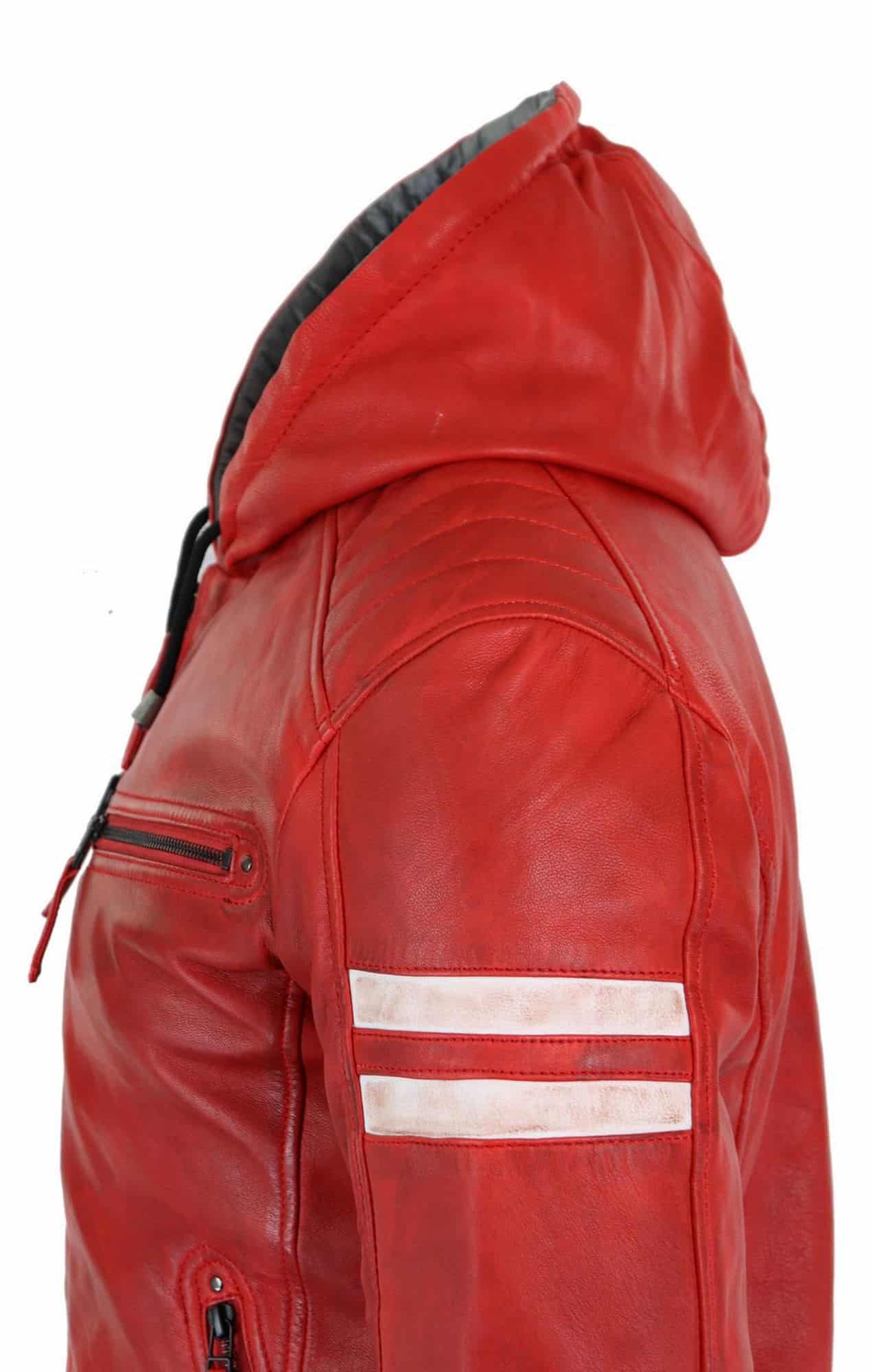Chaqueta bomber de cuero auténtico para hombre con capucha - Roja
