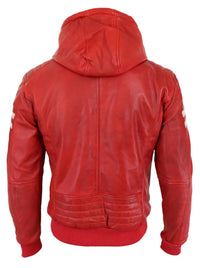 Chaqueta bomber de cuero auténtico para hombre con capucha - Roja