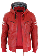 Chaqueta bomber de cuero auténtico para hombre con capucha - Roja