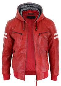 Chaqueta bomber de cuero auténtico para hombre con capucha - Roja