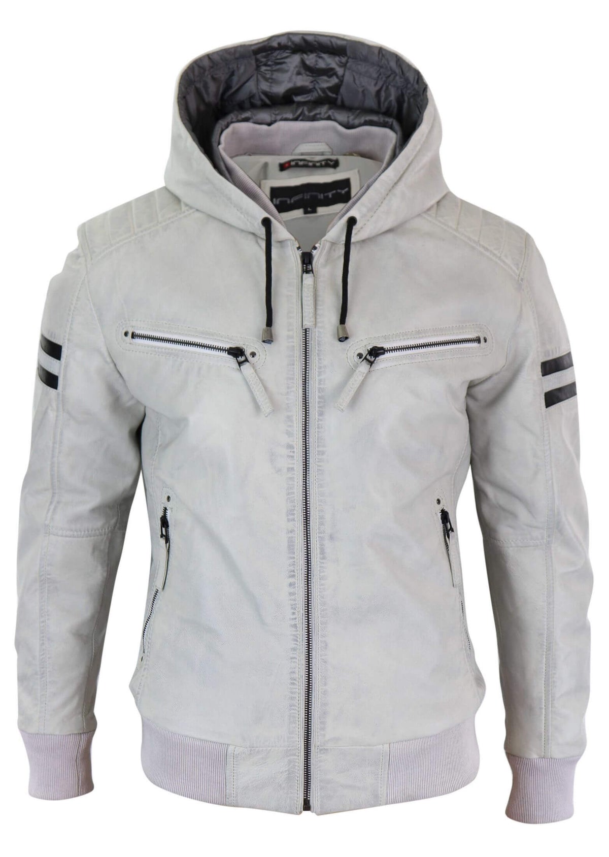 Chaqueta bomber de cuero auténtico para hombre con capucha - Blanca