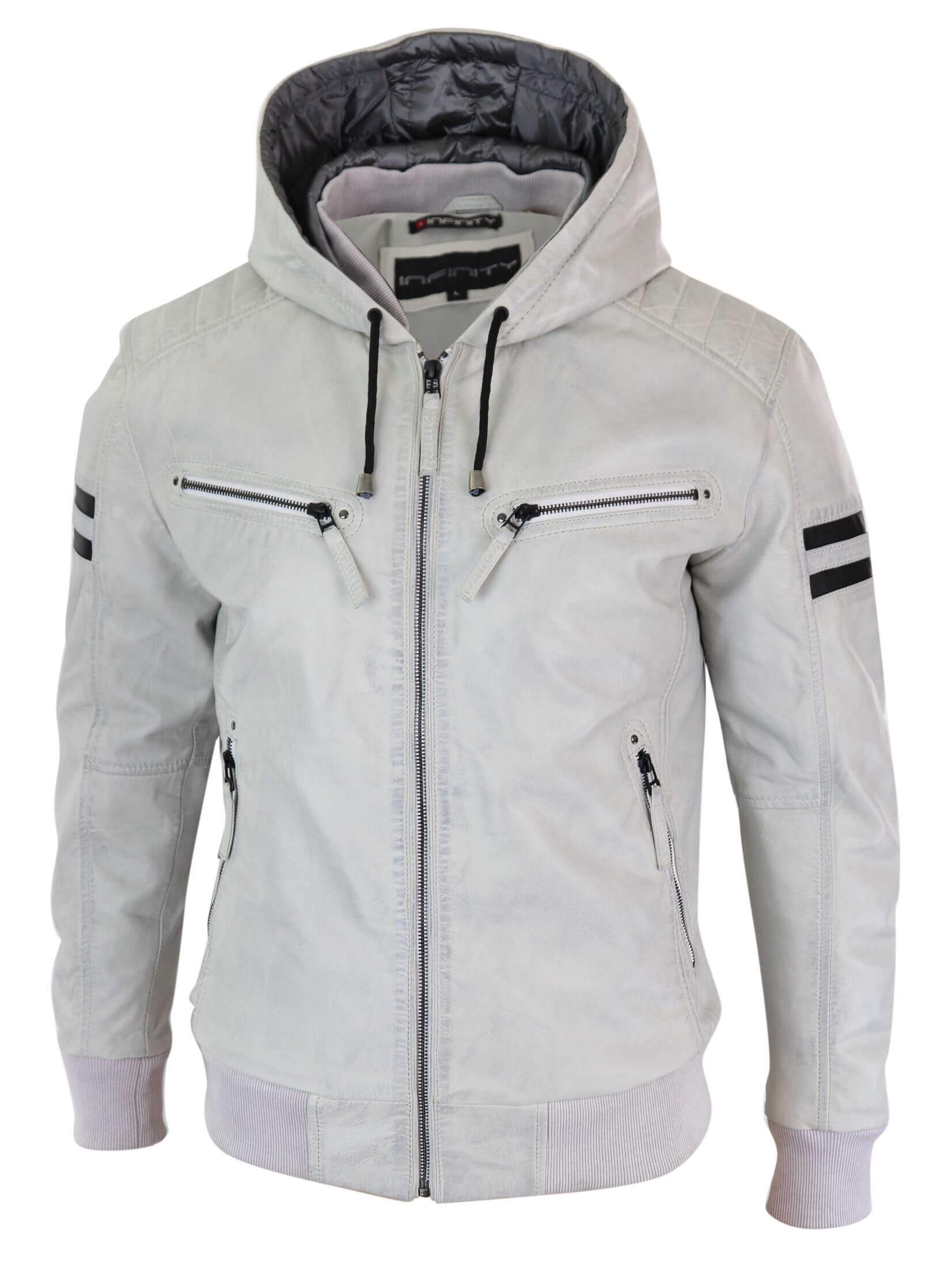 Chaqueta bomber de cuero auténtico para hombre con capucha - Blanca