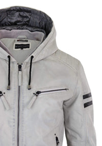 Chaqueta bomber de cuero auténtico para hombre con capucha - Blanca