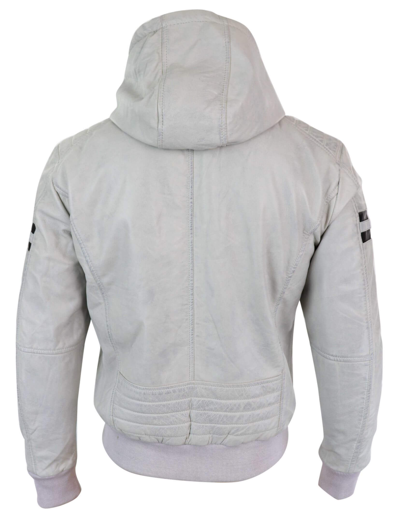 Chaqueta bomber de cuero auténtico para hombre con capucha - Blanca