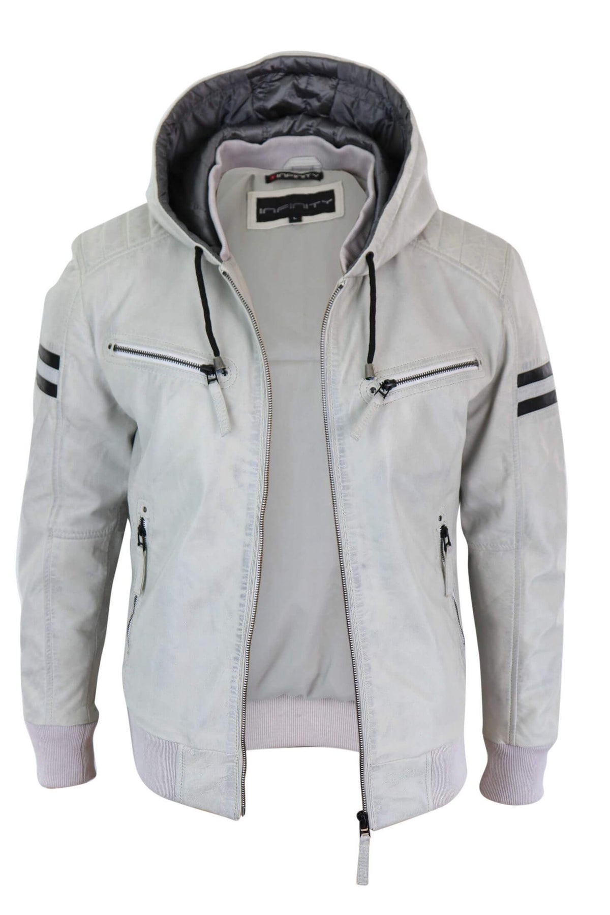 Chaqueta bomber de cuero auténtico para hombre con capucha - Blanca