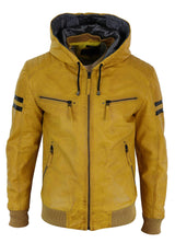 Chaqueta bomber de cuero auténtico para hombre con capucha - Amarilla