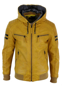 Chaqueta bomber de cuero auténtico para hombre con capucha - Amarilla