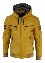 Chaqueta bomber de cuero auténtico para hombre con capucha - Amarilla