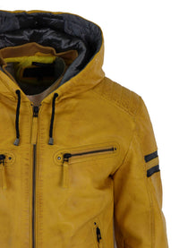 Chaqueta bomber de cuero auténtico para hombre con capucha - Amarilla
