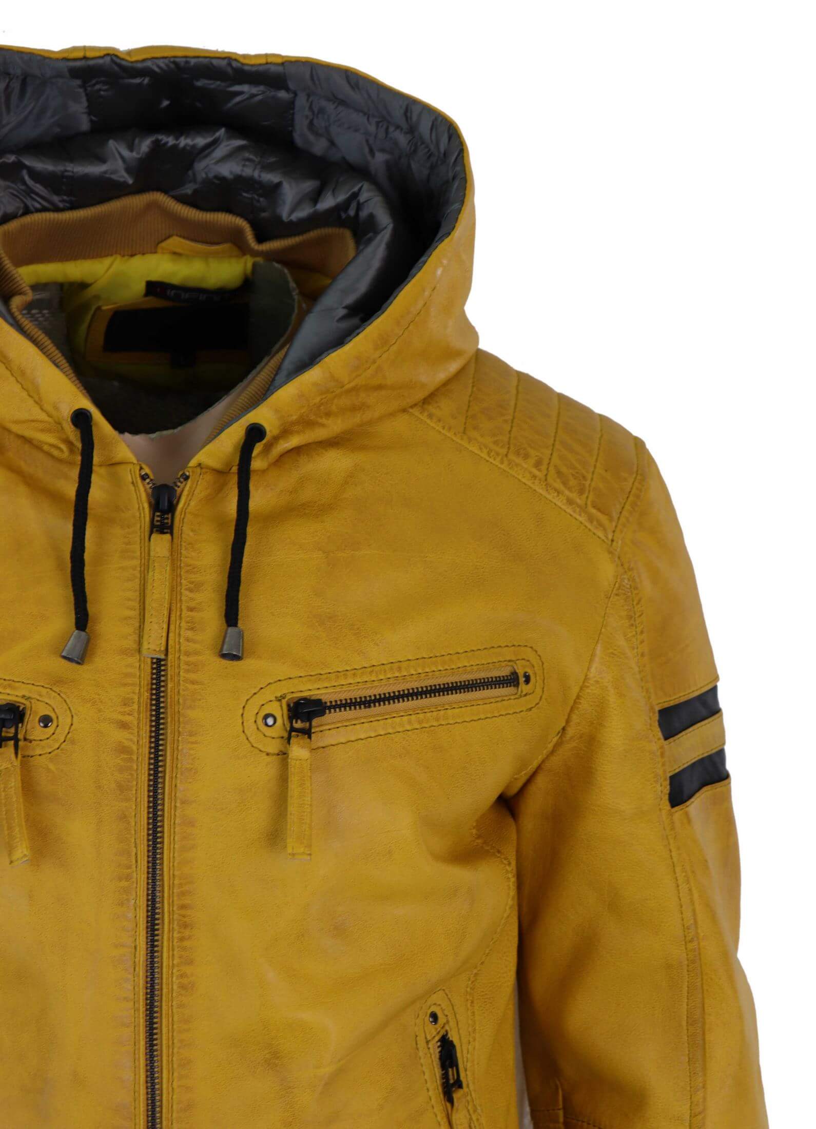 Chaqueta bomber de cuero auténtico para hombre con capucha - Amarilla