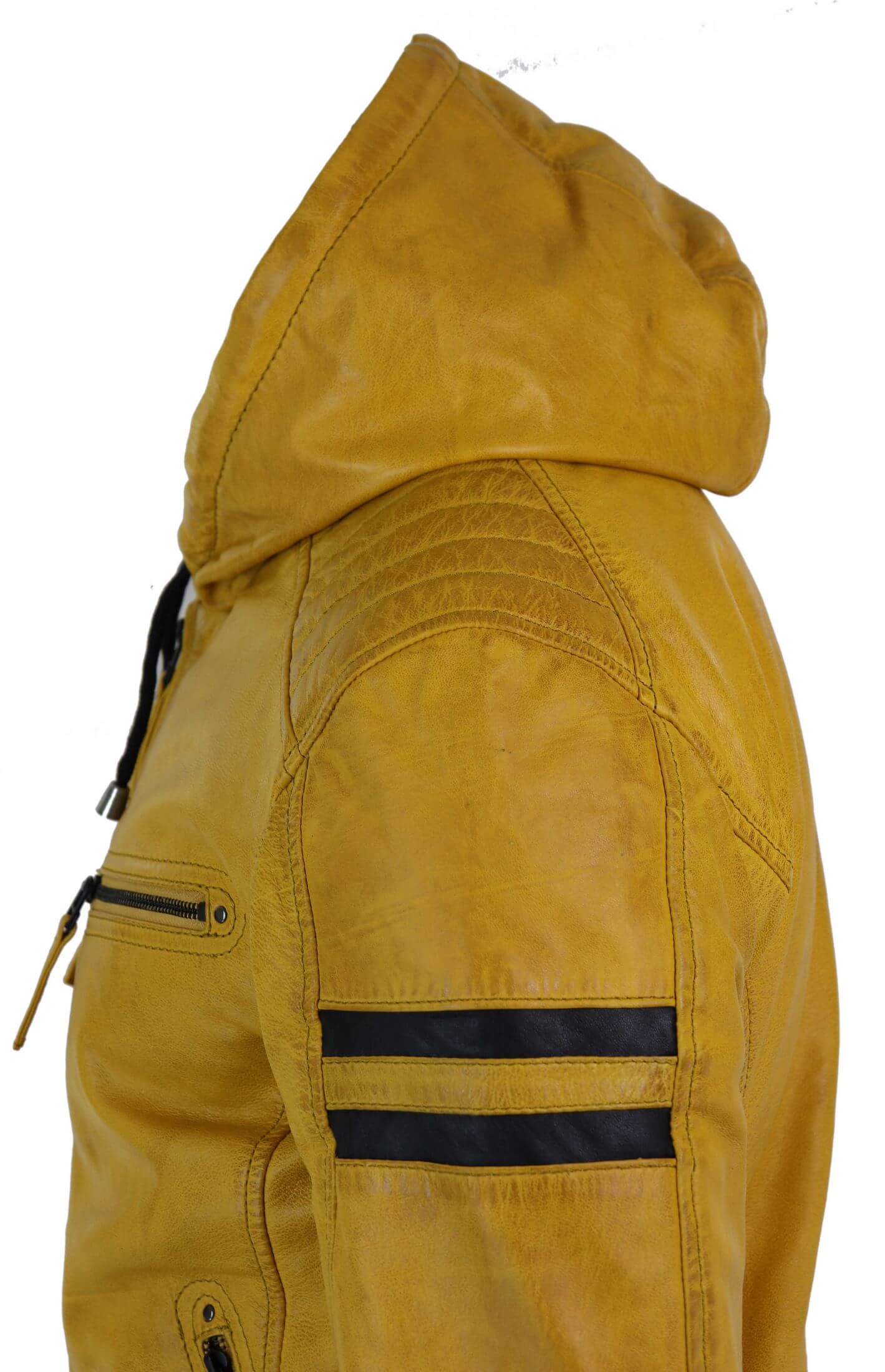 Chaqueta bomber de cuero auténtico para hombre con capucha - Amarilla