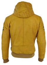 Chaqueta bomber de cuero auténtico para hombre con capucha - Amarilla