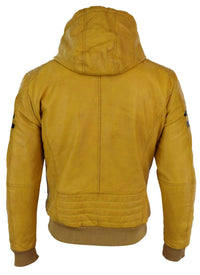 Chaqueta bomber de cuero auténtico para hombre con capucha - Amarilla
