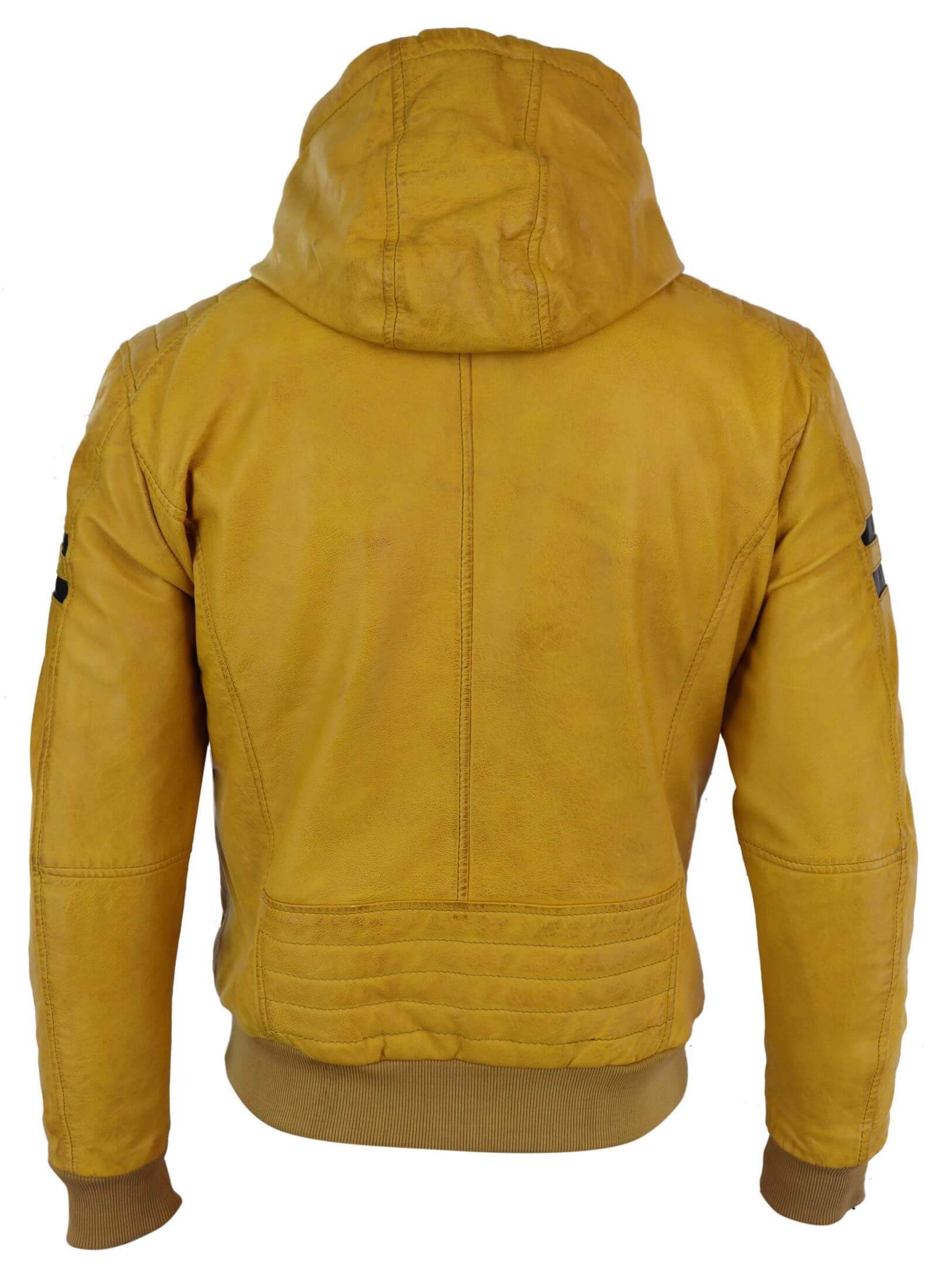 Chaqueta bomber de cuero auténtico para hombre con capucha - Amarilla