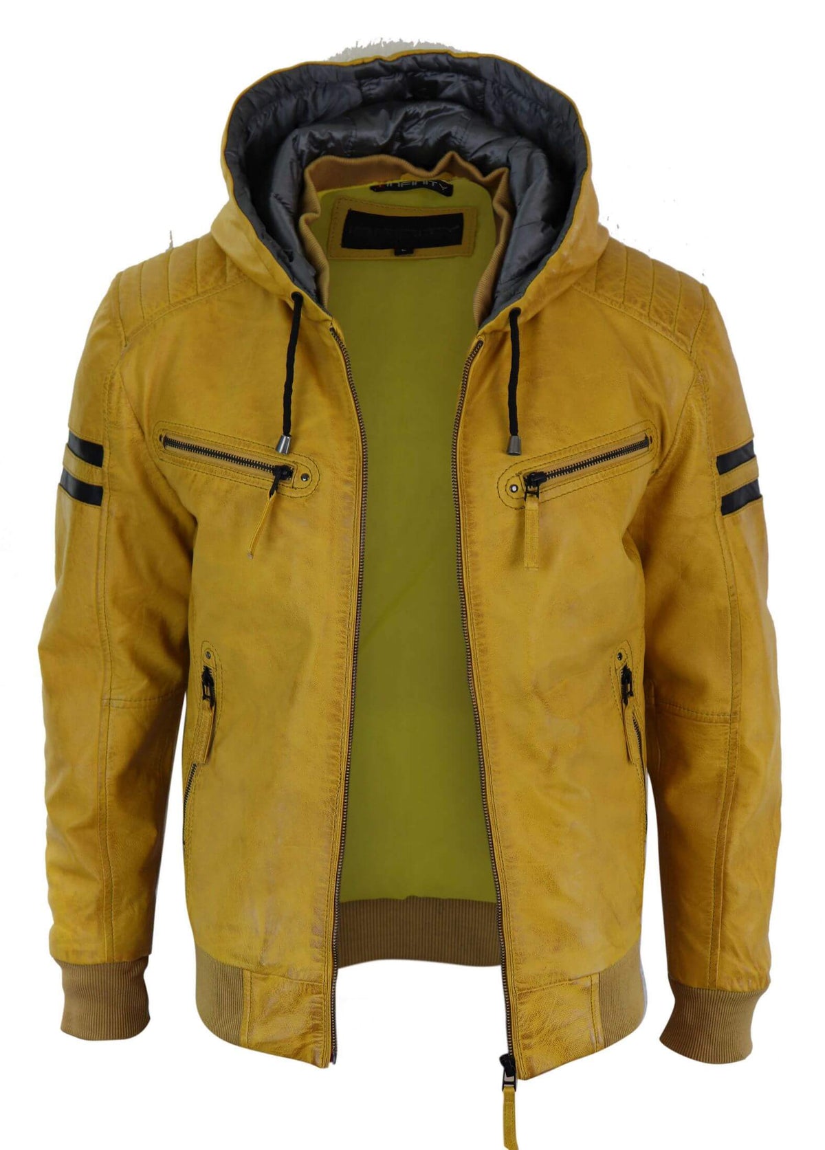 Chaqueta bomber de cuero auténtico para hombre con capucha - Amarilla