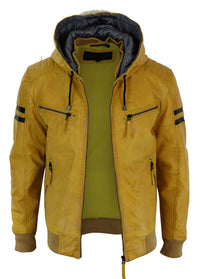Chaqueta bomber de cuero auténtico para hombre con capucha - Amarilla