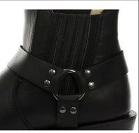 Botines unisex de cuero auténtico estilo motero, rock punk, grinders, con hebilla, estilo vaquero.