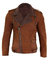 Chaqueta de motorista de cuero auténtico para hombre con cremallera cruzada y forro polar - Color tostado