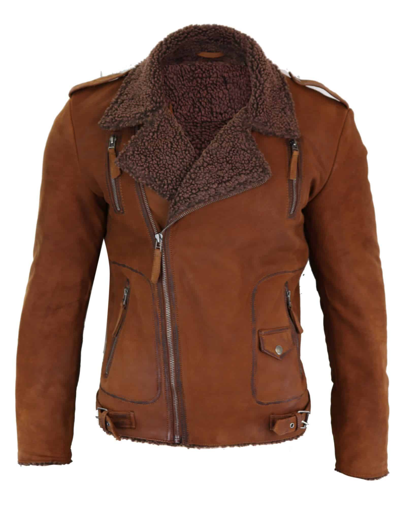 Chaqueta de motorista de cuero auténtico para hombre con cremallera cruzada y forro polar - Color tostado