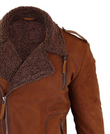 Chaqueta de motorista de cuero auténtico para hombre con cremallera cruzada y forro polar - Color tostado