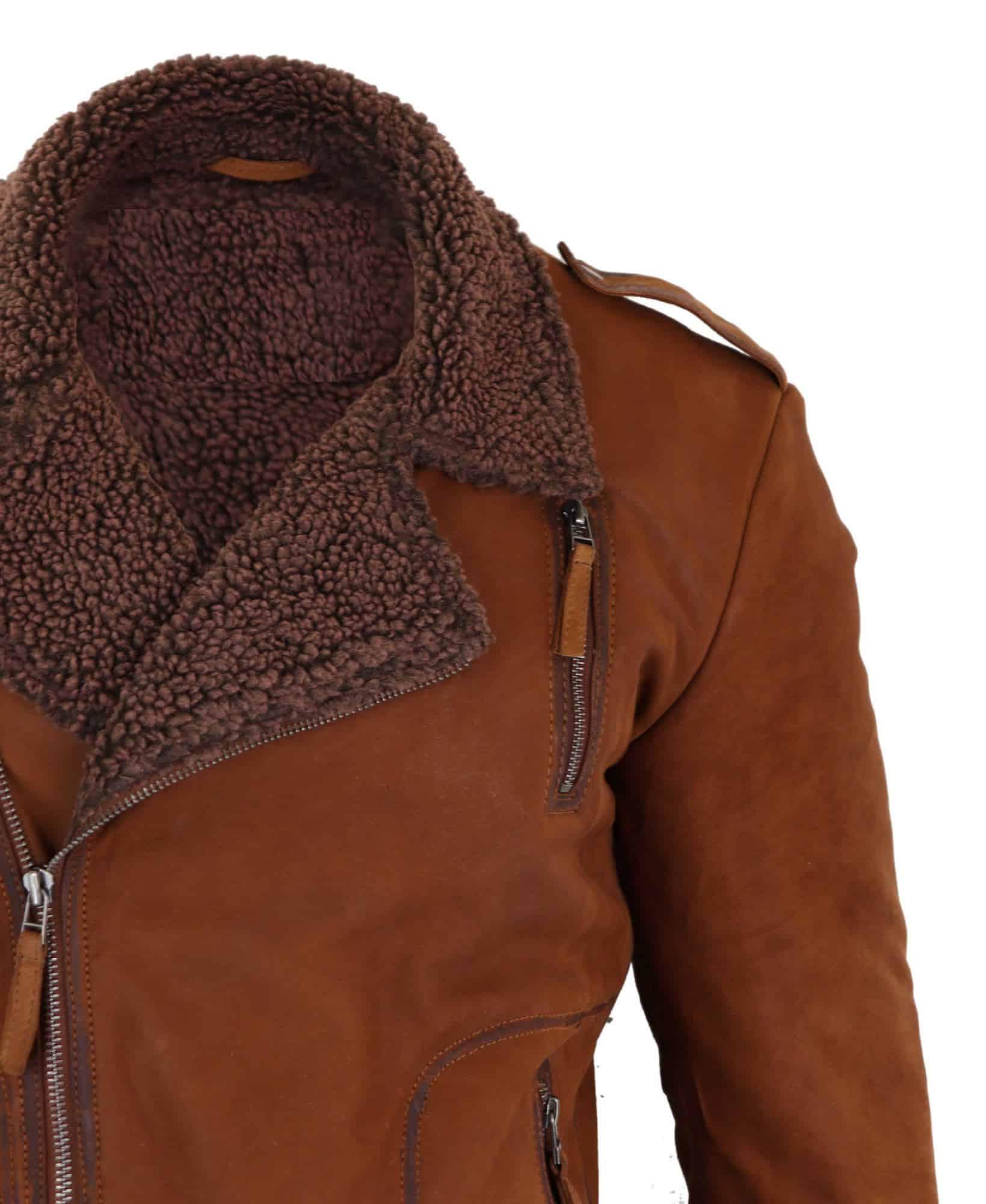 Chaqueta de motorista de cuero auténtico para hombre con cremallera cruzada y forro polar - Color tostado