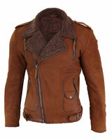 Chaqueta de motorista de cuero auténtico para hombre con cremallera cruzada y forro polar - Color tostado