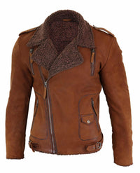 Chaqueta de motorista de cuero auténtico para hombre con cremallera cruzada y forro polar - Color tostado