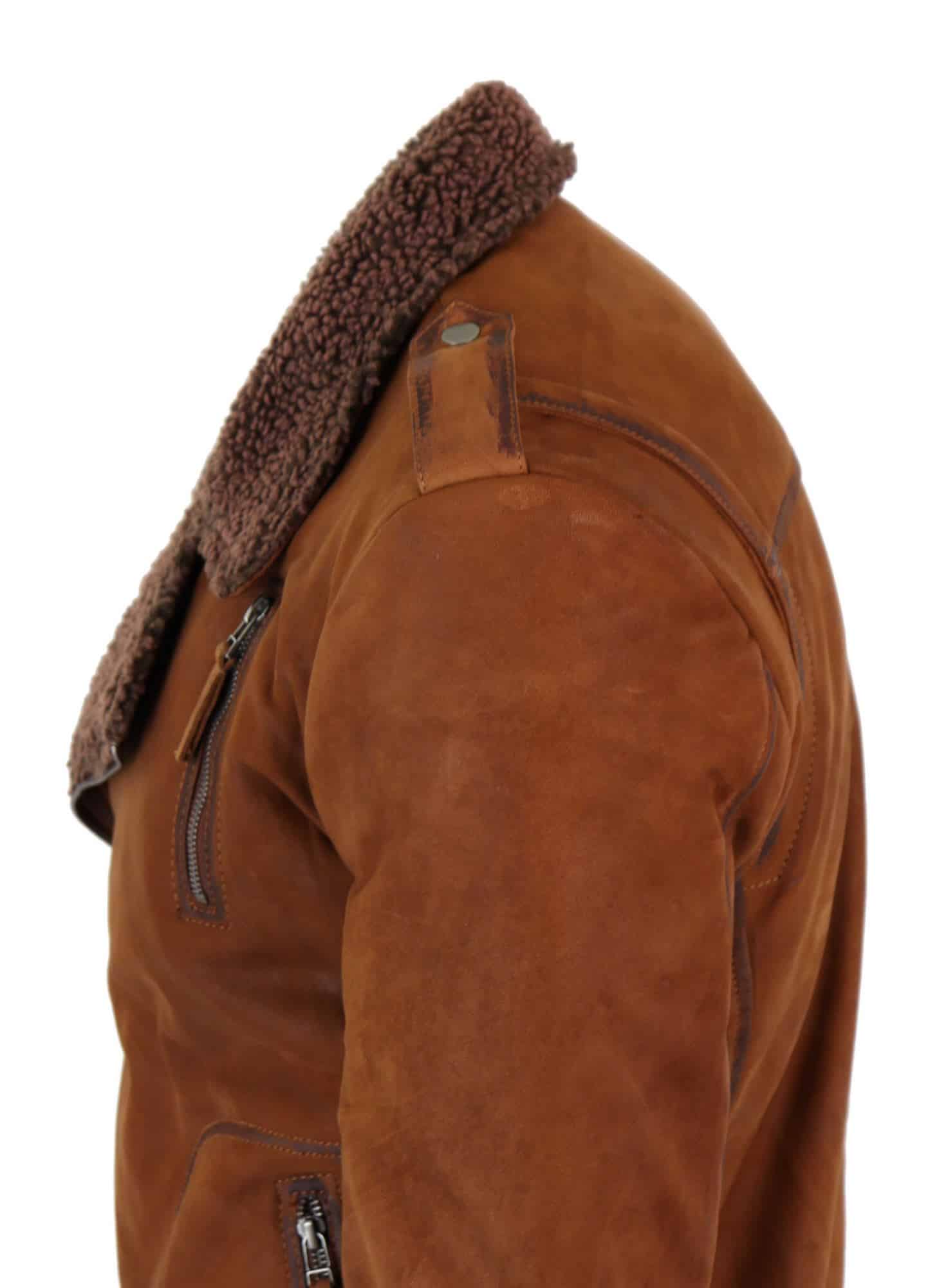 Chaqueta de motorista de cuero auténtico para hombre con cremallera cruzada y forro polar - Color tostado