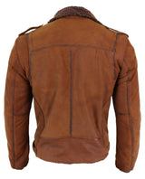 Chaqueta de motorista de cuero auténtico para hombre con cremallera cruzada y forro polar - Color tostado