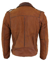 Chaqueta de motorista de cuero auténtico para hombre con cremallera cruzada y forro polar - Color tostado